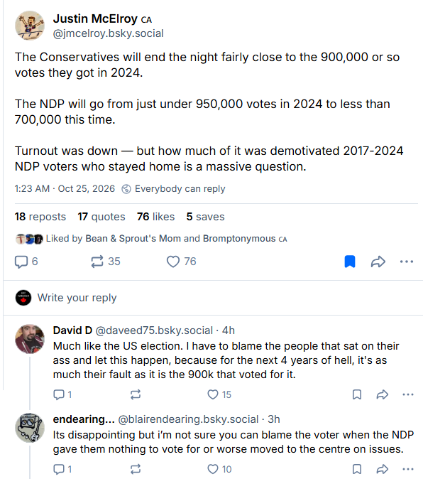 sqirlgirly's tweet photo. NDP lost because many NDP stayed home, letting Conservatives overtake them in the vote total. People didn't switch much to Conservative, their vote is similar to last time. NDP ran a horrible campaign. Must give people a reason to vote for your party, vs just why not vote BCCP https://t.co/PE5K018YI2