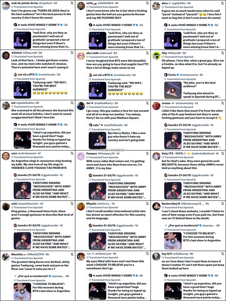 TaeVear50's tweet photo. Taehyung went SO viral with locals for speaking Spanish at all three Argentina concert dates. They were literally asking to close the borders and give him an Argentinian ID because of how fluent he sounded in Spanish and how genuinely he embraced their culture 😭🇦🇷 https://t.co/sND9McEnAo
