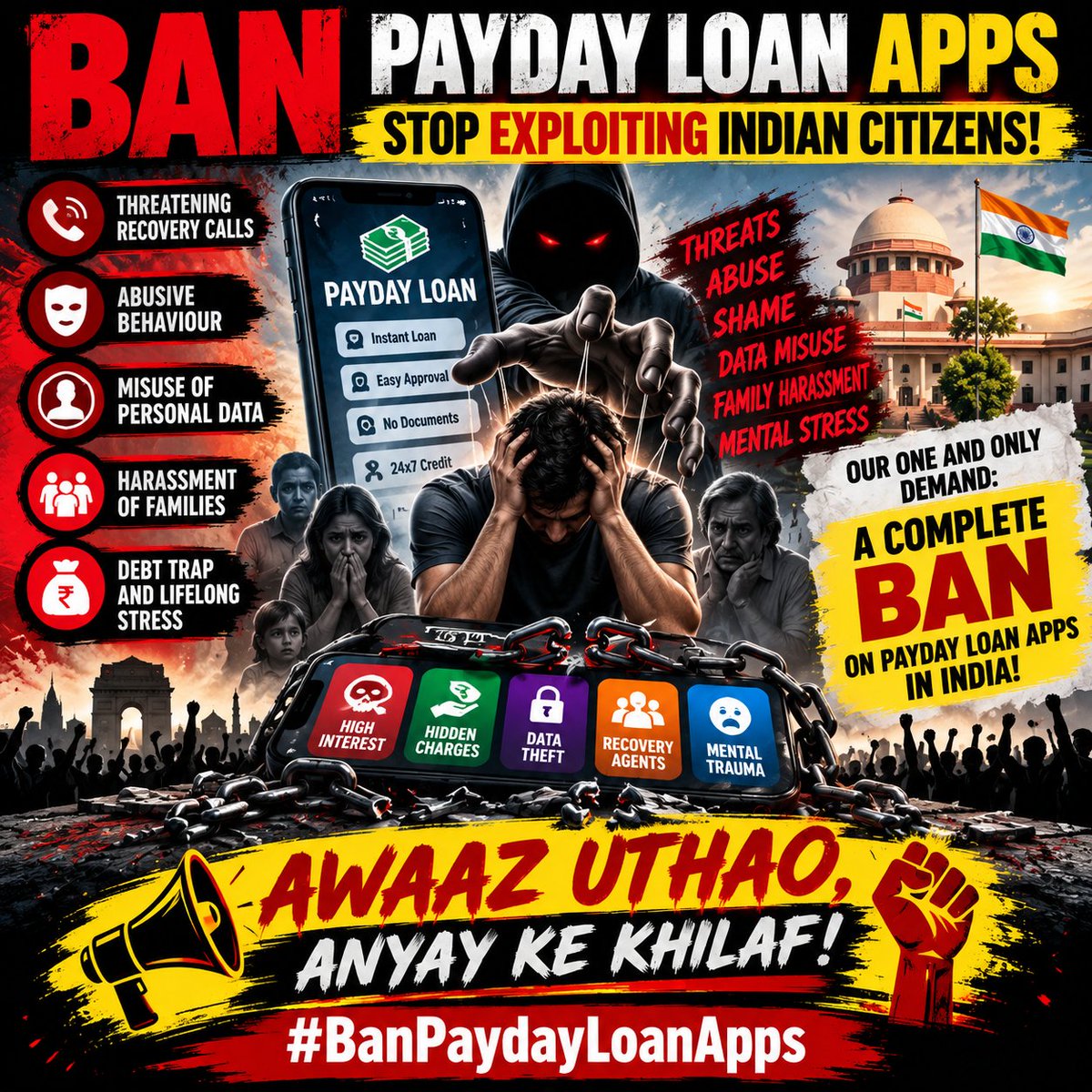 SachKaSignal's tweet photo. 🚨 A CITIZEN’S DIGNITY IS NOT A BUSINESS EXPENSE!

A mobile app may fit inside a phone. But when concerns arise about intimidation, personal-data misuse, or humiliating recovery practices, the impact can reach far beyond a screen.

No business model should make people feel powerless when they are already facing financial difficulty. No citizen should have to choose between protecting their dignity and dealing with a financial obligation.

🇮🇳 OUR DEMAND IS CLEAR: A COMPLETE BAN ON PAYDAY LOAN APPS IN INDIA!

Government of India and RBI: this campaign is calling for a decisive policy response to end this business model in India.

📢 Don’t scroll past. Repost this message. Bring more citizens into the conversation. Let the demand for a complete ban be heard nationwide.

✊ Awaaz Uthao, Anyay Ke Khilaf!

#BanPaydayLoanApps

@RBI @RBIsays @FinMinIndia @PMOIndia @narendramodi @nsitharaman @GoI_MeitY @jagograhakjago @Cyberdost @MIB_India @DoT_India @IndianCERT @aajtak @ndtvindia @IndiaToday @ANI @timesofindia @IndianExpress @the_hindu @EconomicTimes @RituChoudhryINC @aarushisharmaX @khushbookhan390 @shubhankrmishra @abhisar_sharma @ravish_journo @SyyedSuhail @DeepikaBhardwaj @romanaisarkhan @dhruv_rathee @NotMengele