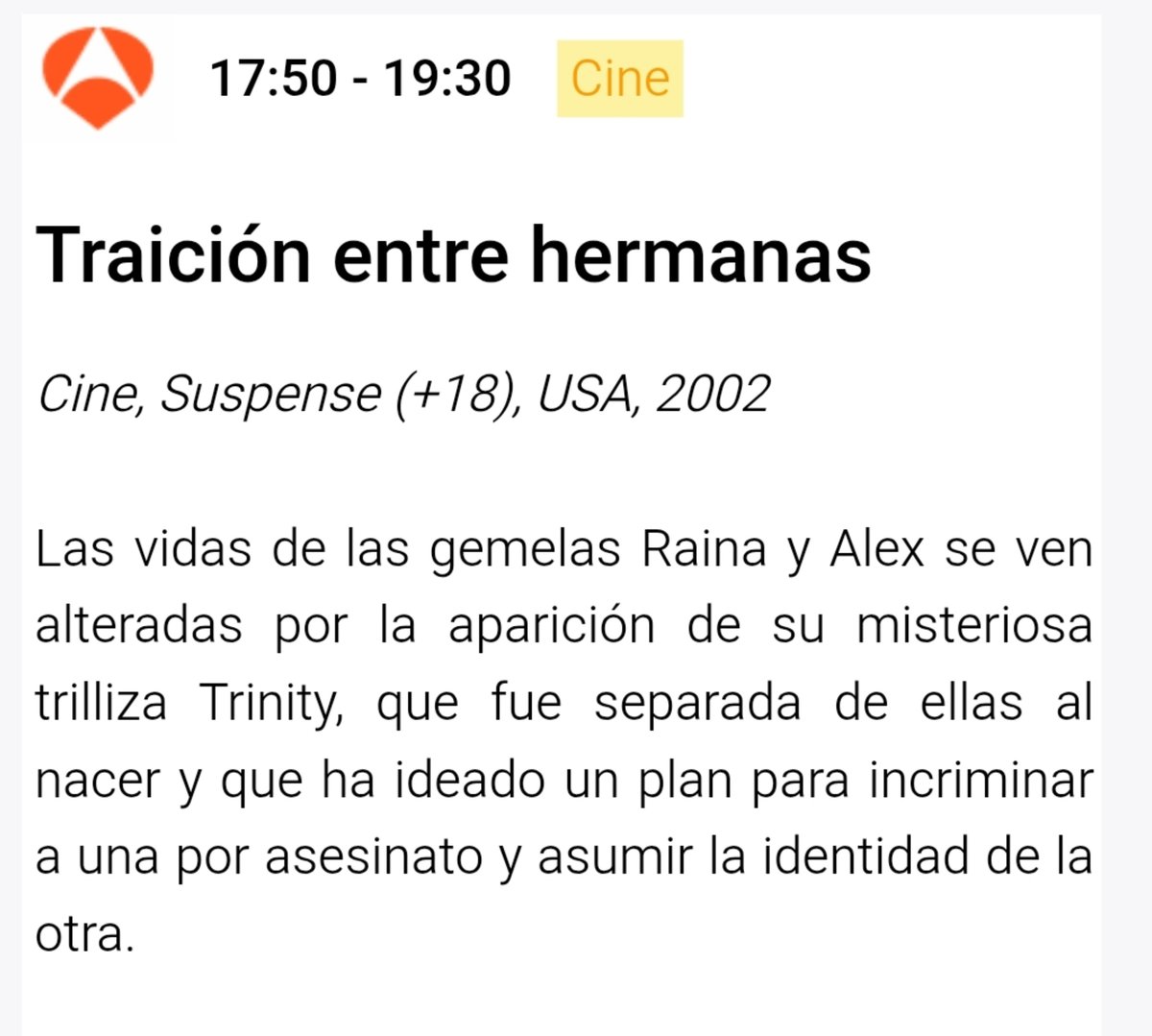 PeliDeTarde's tweet photo. Esta tarde, Antena3 emite una peli de psicópatas del subgénero "gemelas separadas al nacer". Pero lo interesante es que llevan el subgénero más allá, y en este caso es una TRILLIZA separada al nacer quien vuelve para vengarse https://t.co/bGrWLXxu4P