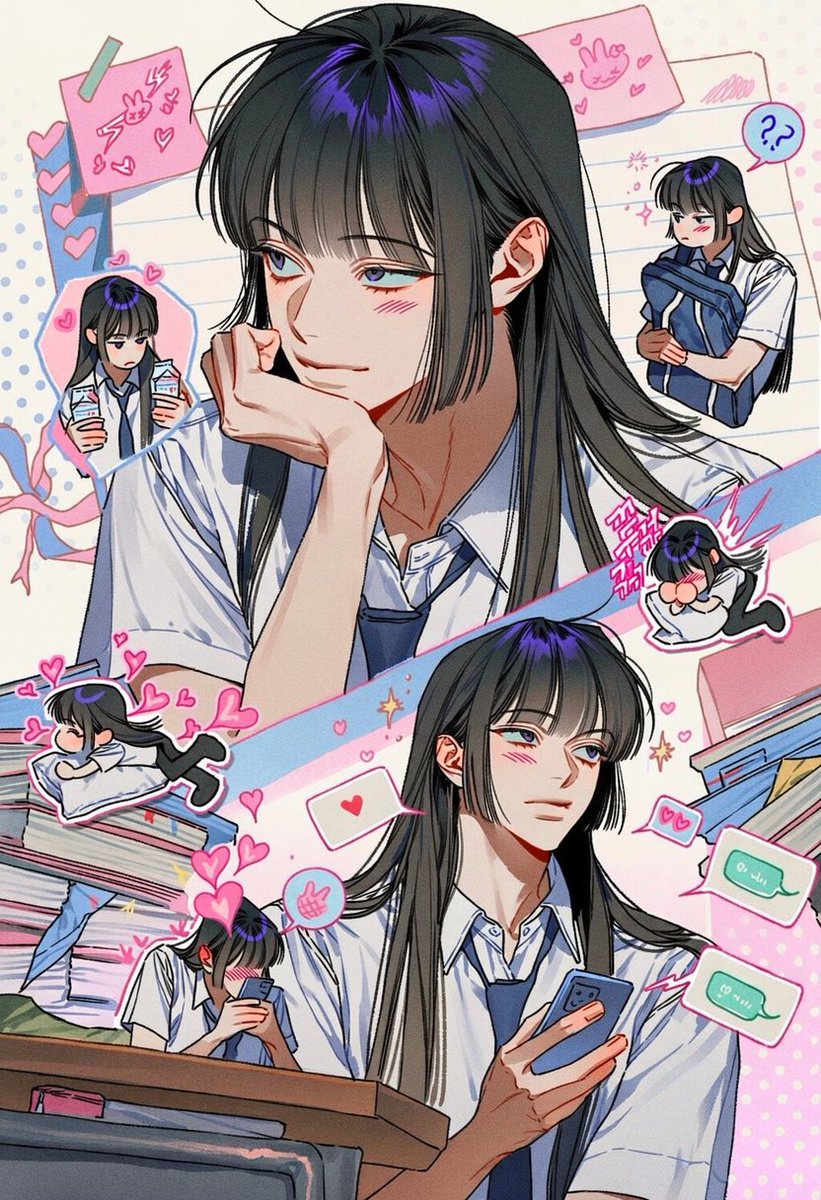 leftbypeace's tweet photo. * 💌💌
* 자유롭게 사용해 주세요.

Prompt

2::multiple views, multiple poses, chaotic collage::, 1.5::comic panels, split screen, overlapping panels::, 1.3::character focus::, upper body, close-up, chibi,  white short-sleeved school shirt, loosened navy necktie, black school trousers, casual school uniform,  secretly glancing sideways, resting chin on hand, hiding a smile behind a textbook, blushing while looking away, covering face with one hand, daydreaming during class, hugging school bag, holding two milk cartons, checking phone messages, smiling at phone, jealous pout, flustered expression, awkward smile, lovestruck eyes, trying to act indifferent, heart pounding,  tiny chibi versions of himself, chibi screaming into a pillow, chibi rolling on the floor, chibi clutching his chest, exaggerated inner reactions, imaginary pink hearts, lovestruck doodles,  speech bubbles, question marks, exclamation marks, scribbled Korean sound effects, thought bubbles, tiny hearts, sparkles, sweatdrops, comic speed lines, halftone, notebook doodles, sticky notes, torn paper, school desk, textbooks, pencil case, milk cartons, crumpled love notes,  cream white background, pastel pink and sky blue accents, messy scrapbook layout, playful composition, romantic comedy, unrequited crush, cute awkward teenage love, slice of life manga