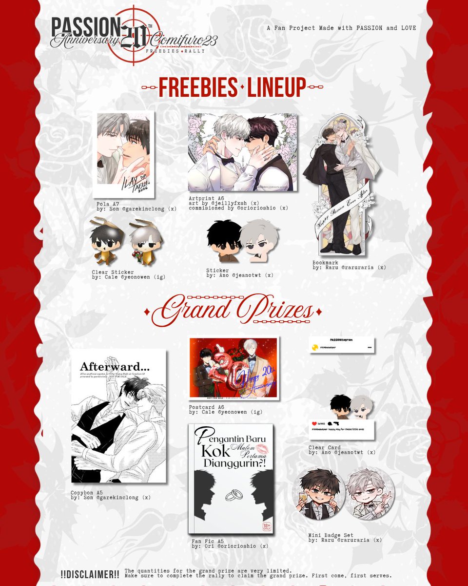oriorioshio's tweet photo. 🧤🍺 PASSION 20TH ANNIV FREEBIES RALLY 🕊💍 #Comifuro23

Two grooms, twenty years, one eternal vow 🪽

Join us in celebrating 20 years of passion, love, and a union written in fate 🤍

Collect your wedding souvenirs at:

📅 Oct 31–Nov 1
📍 #CF23, ICE BSD

#패션 #일태 https://t.co/pDOHq3LUf7
