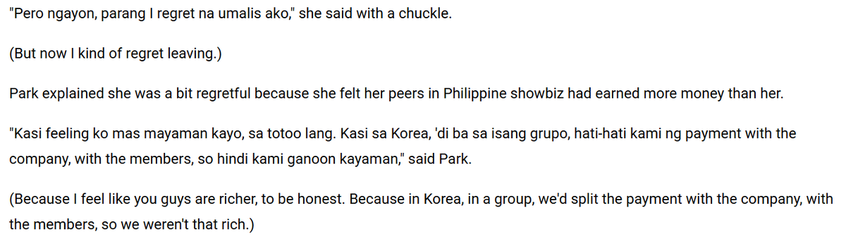 missgehleebean's tweet photo. Park explained she was a bit regretful because she felt her peers in PH showbiz had earned more money than her. Some trainees even accumulate debts.

Colonial mentality. 🤮If the offer from Korea was great, who would be dumb not to choose it? Gehlee is in the right track! https://t.co/Mb9L6a8rQn
