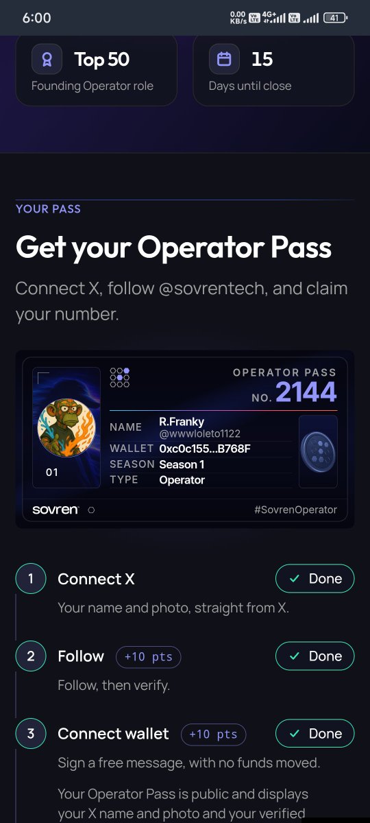 wwwloleto1122's tweet photo. I donโt just want to use apps, I want to help power what runs behind them. Sovren feels like a step in that direction. โก
Applying to run a node. @sovrentech #SovrenOperator #SovrenContest. https://t.co/DkylHxer4A