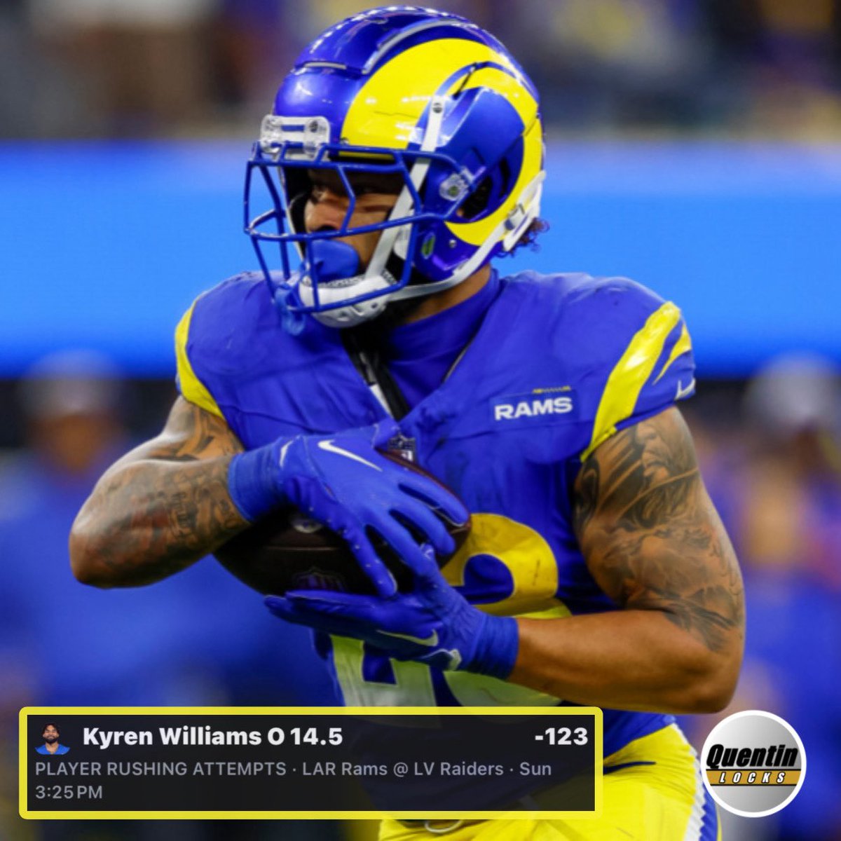 QuentinLocks's tweet photo. HE IS GOING TO GET FED TODAY😤

Kyren Williams O 14.5 Rush Attempts
(-123 DraftKings | #RamsHouse )

NFL Sunday Prop #2🏈
❤️IF YOU WANT THE NEXT PLAY!

Have to back an angry Kyren Williams in this one, especially against the Raiders. 

After the Rams fell to 2-4 last week against the Cardinals, Kyren had this to say about why the Rams couldn’t sustain energy drive to drive…

“Can’t tell you, bro. Probably because I’m not out there.”

NOT something you want to hear from your veteran RB. You really can’t blame him though. With him on the field, the Rams have a 5% success rate and +0.076 EPA/Play and with Corum on the field, those numbers fall to -6% and -0.016.
 Expecting this coaching staff to lean on him heavy on this one. He also has dominated goal line carries and inside the 10 work. 

Now faces the Raiders who are pretty poor at stopping the run. They have allowed RBs to WORK against them.

On top of that, the Rams will be for sure without Davante Adams and potentially Puka as well who is a GTD. Definitely a ton of opportunity for carries. 

TAIL THIS PLAY ON COURTSIDE & GET FREE $100!🚨⬇️
https://t.co/tOiHvGCkHJ

📊: @propsmadness 
(L4 Games)

❤️IF YOU ARE RIDING W/ ME!⬇️
