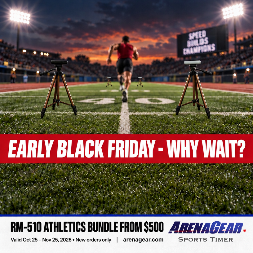 ArenaGearTimers's tweet photo. Early Black Friday: the RM-510 Athletics Bundle is now FROM $500 – why wait? Trusted by thousands of pro teams, universities and schools. Football, track &amp; field, sprints, agility &amp; combine. Valid Oct 25 – Nov 25, 2026, new orders only. https://t.co/7k3DxrY7R8 #BlackFriday https://t.co/4jVU82jg0t