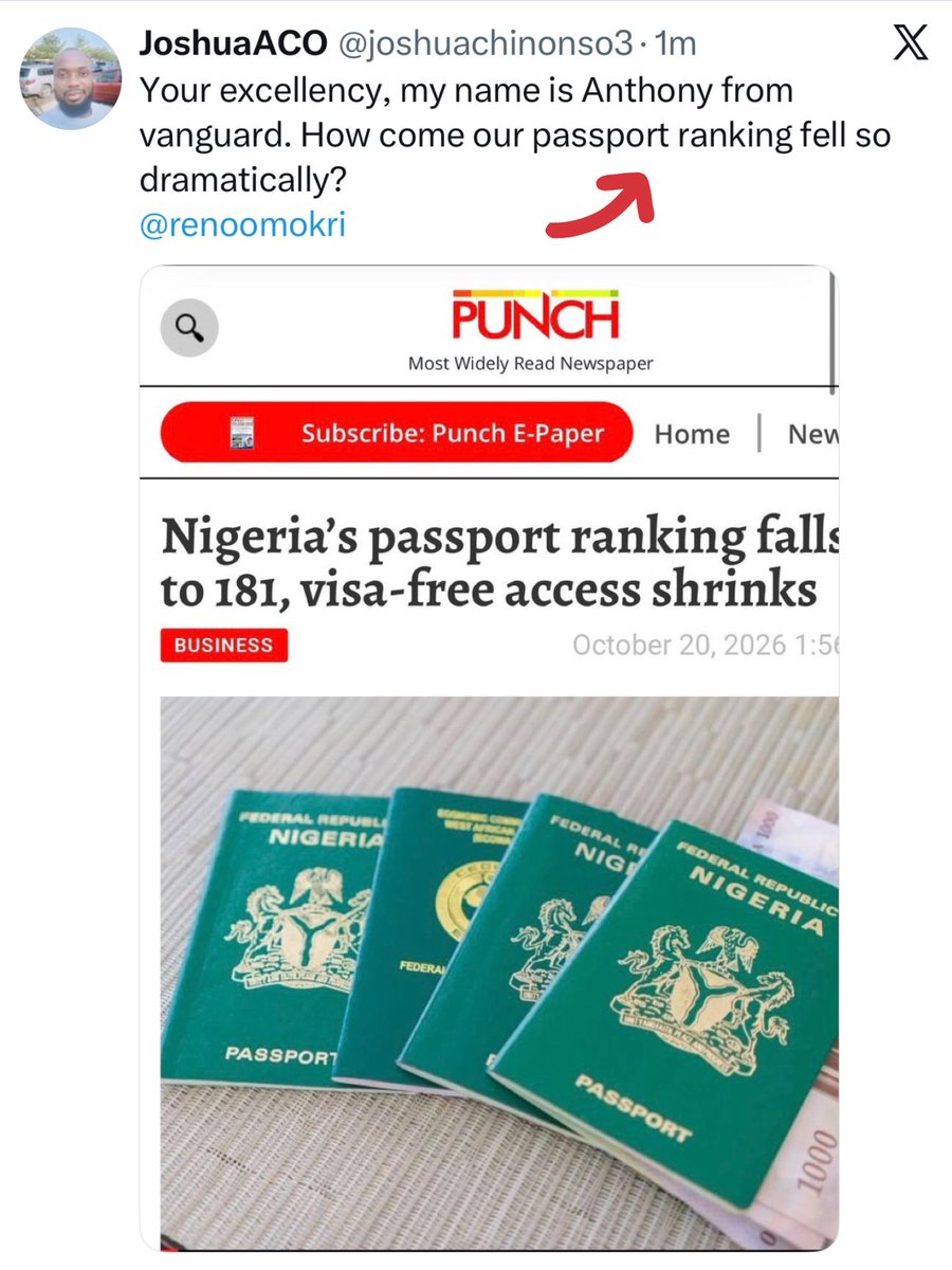 renoomokri's tweet photo. Dear Mr Ogbonna from the Vanguard Newspaper,

Thank you for your feedback. I am only responding because you are a top-tier journalist. Otherwise, I would have ignored both you and the attached news item. The report is a story because it is not true. It is a complete fabrication. And I hope Punch Newspapers will revisit this and publish an apology. 

Punch relied on a so-called passport Index published by IziVisa Passport Ranking Index, which is an unknown and unrecognised index. If you visit their website, https://t.co/kKEt8PqKn9, it is non-functional. 

Additionally, Google notes that https://t.co/kKEt8PqKn9 is a fraudulent website suspected of identity theft and phishing scams. 

You do not have to take my word for it. Just type in the prompt 'is https://t.co/kKEt8PqKn9 legit' on Google, Grok, or any AI of your choice and see what comes up. 

Only one passport index is recognised globally by governments and both bilateral and multilateral agencies for ranking passports: Henley's Passport Index. 

On Henley's Passport Index, Nigeria's passport has risen from 94th place in 2025 to 92nd this year. You can read it here: https://t.co/mJ5Z3rZRnH

This is due to the stellar diplomatic performance of Her Excellency, Bianca Ojukwu, the Minister of Foreign Affairs, under the leadership of His Excellency, Bola Ahmed Tinubu, GCFR, President and Commander-in-Chief of the Armed Forces of the Federal Republic of Nigeria.

You can also visit Henley's website to verify what I wrote above. This is their website: https://t.co/7h9TmzOun6

I have much respect for @MobilePunch Newspapers, and I hope they can correct their error. I also hope papers like @LeadershipNGA and blogs like @legitngnews, which ran with their story, can verify what I have written above and make corrections in the interest of patriotism. 

Bemigho Reno Omokri 

Ambassador of the Federal Republic of Nigeria to the United Mexican States, the Republic of Guatemala, the Republic of Honduras, and the Republic of Nicaragua.