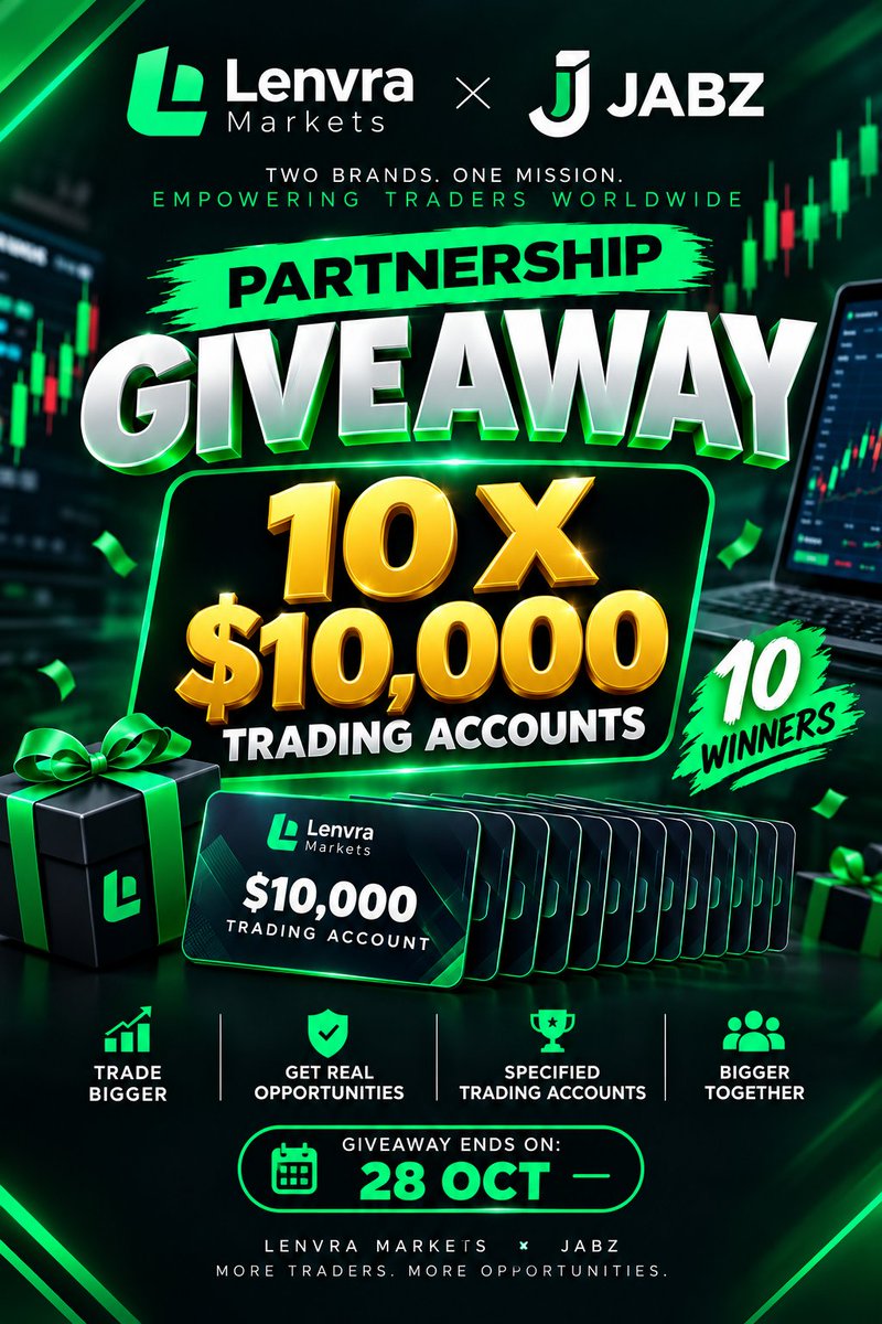 JABZ_FX's tweet photo. In partnership with @LenvraProtocol I will be giving away 10 X 10,000$ challenge accounts 

✅Must follow:
@LenvraProtocol
@JABZ_FX

✅Like and Repost

✅Tag 3 Traders

✅Sign up(Drop proofs):
https://t.co/K5fxHqdNQF

Winners on 28 oct https://t.co/QPLPlJAQfP