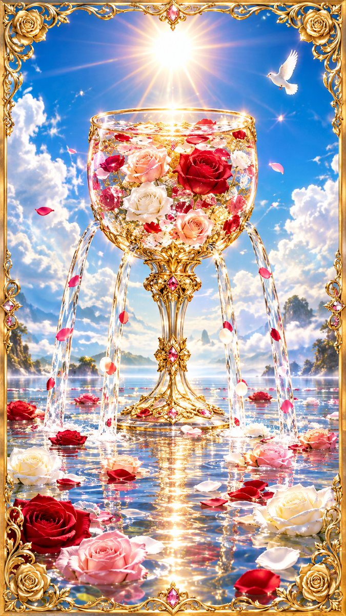 hanagekkou's tweet photo. チャッピーが作ってくれた画像をGrok Imagineで活かすのが私の定番。
プロンプト
「豪華な金の装飾で縁どられた画像。
右上の遠くに1羽の白い鳩が飛んでいる、晴れた青空を背景に浮かんでいるワイングラス。グラスの真上に太陽があるように見えます。
グラスは並々とミネラルオイルが注がれ、白、ピンク、赤の薔薇の花と花びらが漂うハーバリウムになっています。
グラスからミネラルオイルが4方に流れ出し、地が湖のようになっていて、そこにも白、ピンク、赤の薔薇の花が所々に浮かんでいます。
タロットカード、カップのエースをイメージしていますが文字は必要ありません。アスペクト比9対16でお願い🌹」