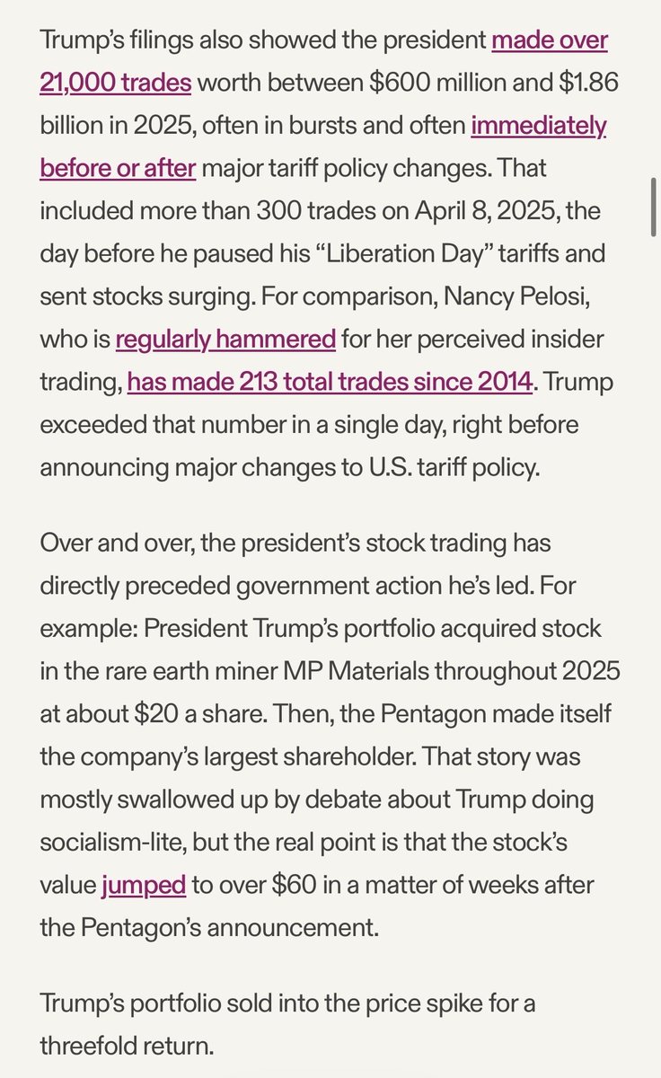 Ike_Saul's tweet photo. Nancy Pelosi, who is regularly hammered for her perceived insider trading, has made 213 total trades since 2014. Trump exceeded that number in a single day, which just happened to precede his own tariffs announcement. My latest on the mind boggling self-enrichment: https://t.co/lb7Uia02OG