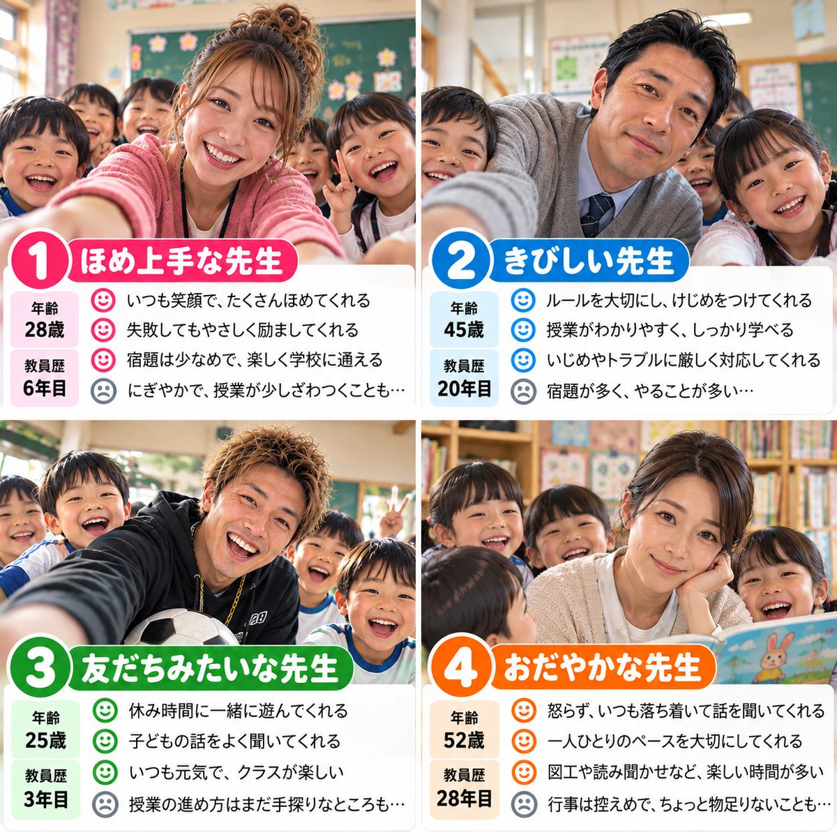 hinorie555's tweet photo. あなたは小学3年生です。
どの先生のクラスになりたいですか？ https://t.co/yhr8bSxp6T