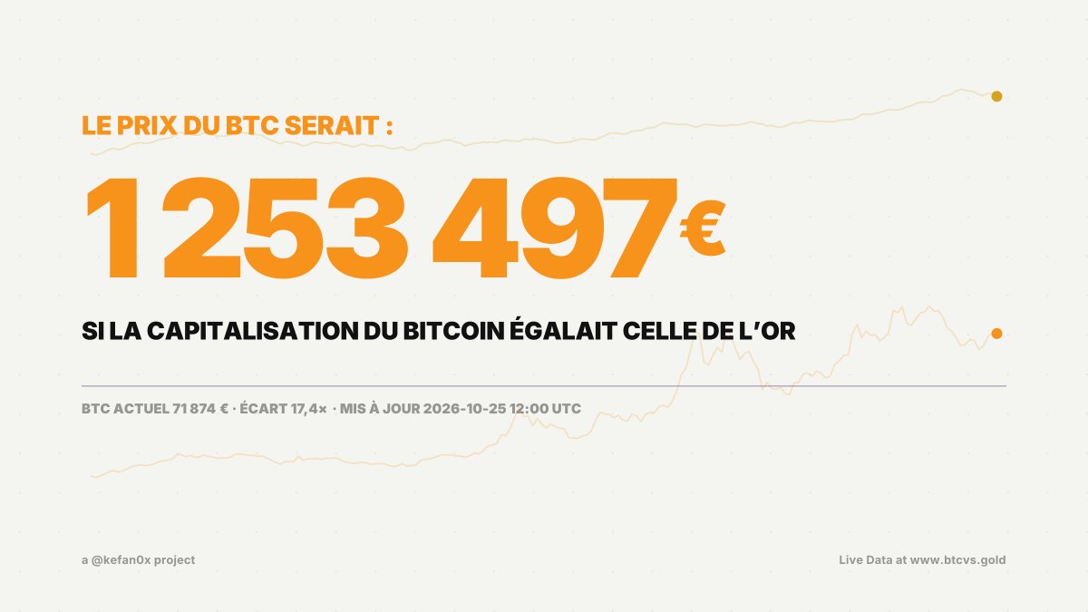 BTC_vs_Gold's tweet photo. 1 BTC vaudrait aujourd’hui 1 253 497 €
si la capitalisation du Bitcoin égalait celle de l’or. https://t.co/qg8BVLfohf