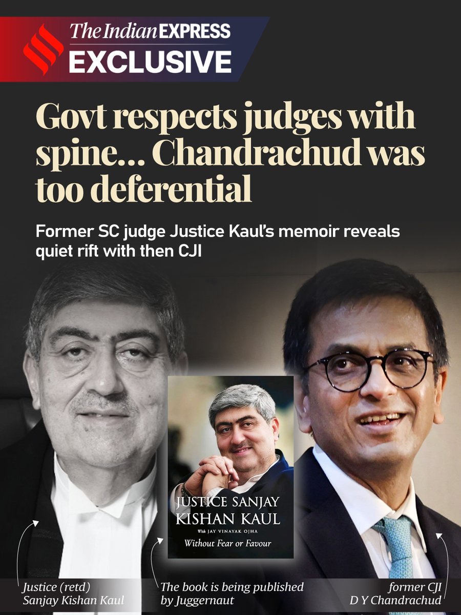 IndianExpress's tweet photo. #ExpressExclusive | Former Supreme Court judge Justice Sanjay Kishan Kaul’s memoir has brought to light his account of differences with former CJI D Y Chandrachud over the handling of judicial appointments.

The memoir also offers his views on the Collegium, the government and the judiciary’s role. What does Kaul’s account reveal?

🔗 https://t.co/pcAQ4foTFp

Written by: Ritu Sarin