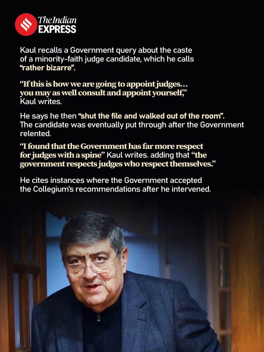 IndianExpress's tweet photo. #ExpressExclusive | Former Supreme Court judge Justice Sanjay Kishan Kaul’s memoir has brought to light his account of differences with former CJI D Y Chandrachud over the handling of judicial appointments.

The memoir also offers his views on the Collegium, the government and the judiciary’s role. What does Kaul’s account reveal?

🔗 https://t.co/pcAQ4foTFp

Written by: Ritu Sarin
