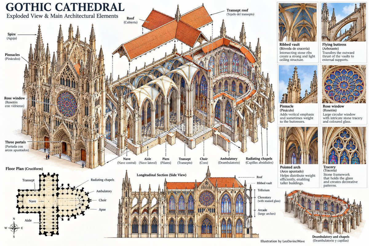 LeoDaVinciWave's tweet photo. A Gothic cathedral was far more than a monumental place of worship. It was an extraordinary achievement in medieval engineering.

From around the 12th century, builders across Europe developed a distinctive architectural language using pointed arches, ribbed vaults and flying buttresses. Together, these features helped distribute the enormous forces generated by tall stone ceilings, allowing walls to accommodate larger windows.

Look closely at the structure. The ribbed vaults channel loads towards supporting piers, while flying buttresses transfer outward thrust to external masonry supports. Pinnacles crown many of these supports, adding vertical emphasis and, in some cases, useful weight.

The transept forms the crosswise arm of the church, while the ambulatory allows movement around the choir. Above the entrance, a rose window transforms stone tracery and coloured glass into intricate patterns of light.

What fascinates me most is how Gothic architecture combines structural logic with visual drama. Every arch, column and window contributes to the experience of height, light and space.

These cathedrals were built over generations, often changing as designs, resources and ambitions evolved.