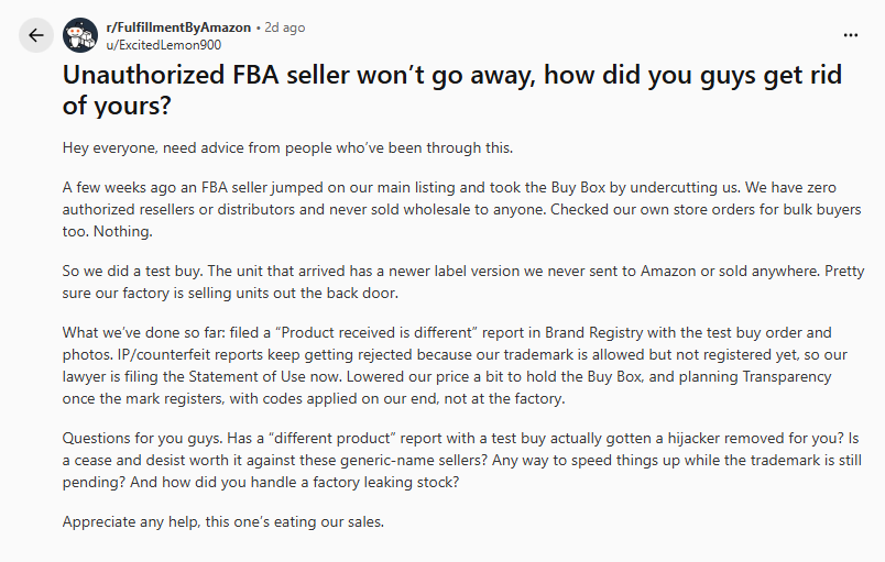 AmazonASGTG's tweet photo. An Amazon brand owner suspects its own factory is supplying an unauthorized competitor. 

A test purchase reportedly revealed product packaging the brand had never released.

Could manufacturers be quietly competing against their own customers? https://t.co/ApT3aGHQNZ