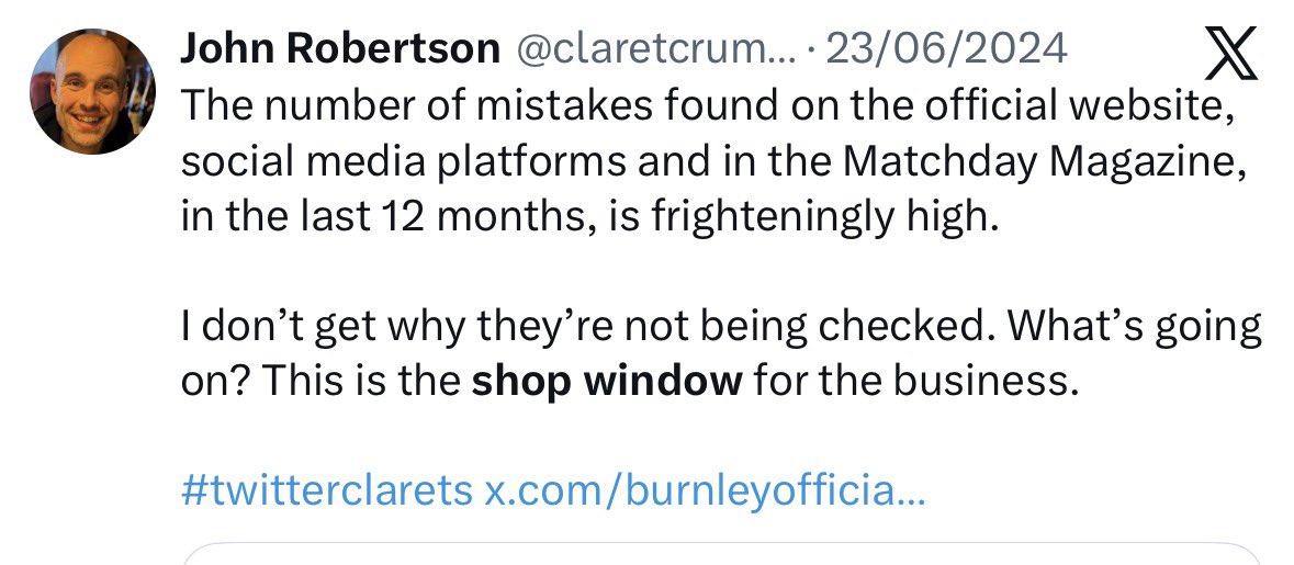 claretcrumpet's tweet photo. I have banged this drum for a long, long time (and taken stick for it) but if you don’t get your shop window in order, people rightly question what might be occurring behind the scenes. 

Professional standards!

The small &amp; simple details matter! 

#twitterclarets
#burnleyfc https://t.co/ytXnacMBjD