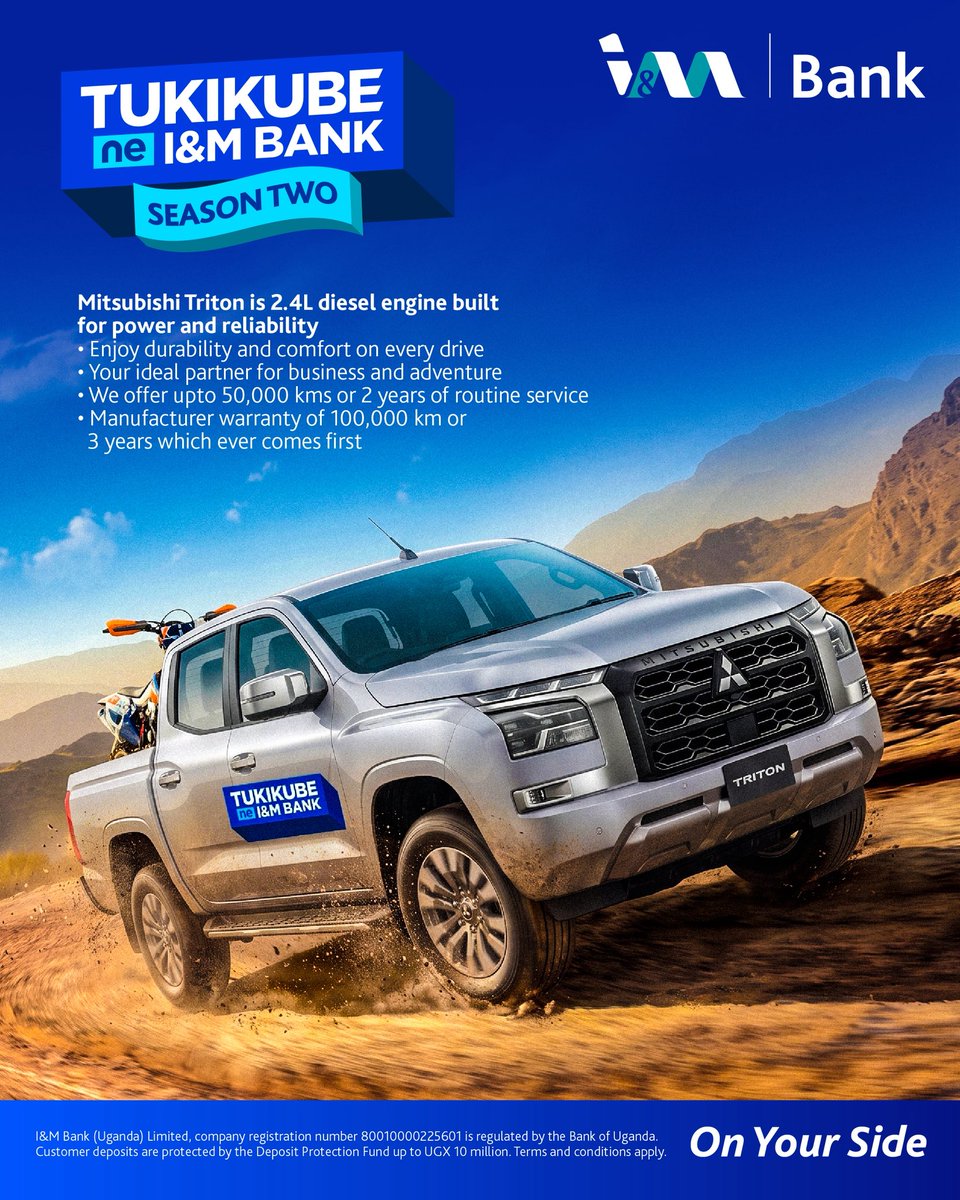 MaryNaturinda_'s tweet photo. A powerful machine is a great investment, but knowing it’s backed by reliable service support? Even better! 

With @imbankug, enjoy up to 50,000 km of routine servicing for the Mitsubishi Triton, plus 750 hours of Mahindra tractor maintenance and operator training.

Because smart business moves deserve support beyond the purchase!

Visit an I&M Bank branch to learn more.

#TukikubeNeIMBank #OnYourSide