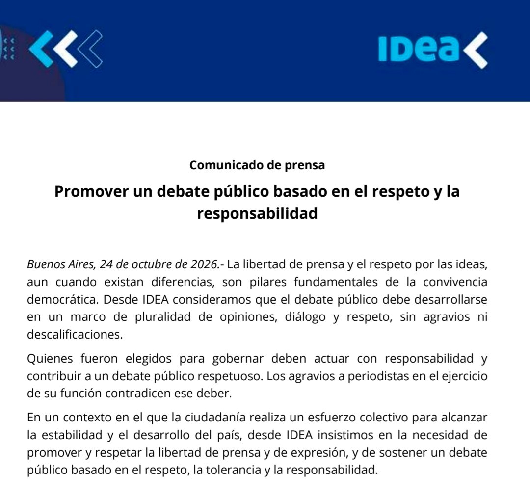 vidusky's tweet photo. Comunicado de IDEA: "La libertad de prensa y el respeto por las ideas, aun cuando existan diferencias, son pilares fundamentales de la convivencia democrática". https://t.co/OVF8nXXKYc