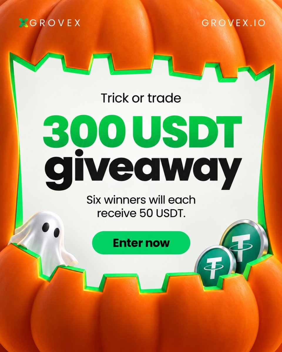 GroveXchange's tweet photo. 🎃 300 USDT Halloween Giveaway 🎃

Six winners will each receive 50 USDT. 👻 

To enter:
1️⃣ Create your GroveX account.  
2️⃣ Follow @GroveXchange.  
3️⃣ Like and repost this post.  
4️⃣ Tag two friends.  
5️⃣ Complete the entry form 

Enter here:  
https://t.co/Oi3StLfHqd

Entries close on 31 October. Winners will be announced on 1 November.
Good luck! 🎃

#GroveX #Crypto #Halloween