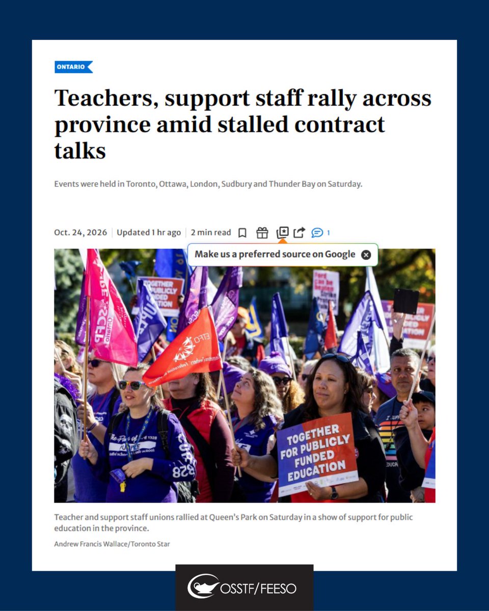 osstf's tweet photo. “People across the province are sending a clear message to the Ford government: Ontario’s students deserve better, and publicly funded education is worth investing in.”

#OSSTF President @marthahradowy’s message is featured in the Toronto Star’s coverage of yesterday’s rallies, which brought more than 10,000 people together in Toronto, Ottawa, London, Sudbury, and Thunder Bay in support of public education.

Read more about the rallies and what education workers are fighting for: https://t.co/fUZTj8MPpy

#OSSTF #OntEd #OntEdUnited