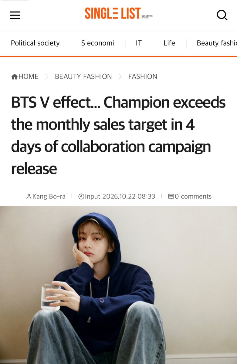 naver_taehyung's tweet photo. The V Effect: Champion Exceeds Monthly Sales Target Just 4 Days After Unveiling Collaboration Campaign🔥

The campaign featuring BTS V (Kim Taehyung) for the fashion brand Champion has garnered massive attention both domestically and internationally, achieving remarkable results in sales and online publicity metrics.

According to Authentic Brands Group, the global brand management company, on the 22nd, the collaboration campaign between Champion and V recorded over 100 million organic reach views on global social media following its launch in August.

Data released by Authentic Brands Group shows that between August 7 and August 31, more than 325 media reports covering the campaign were published across 10 countries and regions worldwide. During this period, the Earned Media Value (EMV) was estimated at approximately $21.6 million. Social media reach hit 104 million, while total engagement reached 13.7 million.

A significant surge in sales was also notable in the domestic market. Within just four days of the campaign's launch, online sales reached 112% of the total projected target for the entire month of August.

In particular, products worn by V accounted for 81.5% of Champion's Fall/Winter season sales. The related campaign video also accumulated 11.31 million views and 1.35 million engagements.

This collaboration was a project initiated by Champion to expand its traditional brand image toward a younger consumer demographic. It focused on leveraging V's global recognition and fandom to increase brand exposure and convert that interest into actual product purchases.

Authentic Brands Group, which owns Champion, pursues marketing strategies tailored to regional consumer characteristics and cultural differences. The approach involves partnering with globally recognized figures while operating products and campaigns customized to the purchasing tendencies of each local market.

(https://t.co/puNTsxtA0g)

TAEHYUNG CHAMPION GLOBAL AMBASSADOR
#TaehyungxChampion
#VxChampion