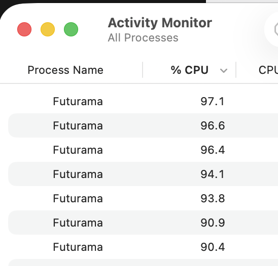 JasonBotterill's tweet photo. @scaling01 I have 7 instances of Opus 5.5 playing futurama right now and its overheating. https://t.co/J86uXdJwQc