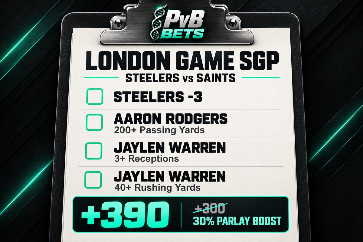 PvbBets's tweet photo. London Game SGP 🇬🇧

🦵 Steelers -3
🦵 Aaron Rodgers 200+ Pass Yds
🦵 Jaylen Warren 3+ Recs
🦵 Jaylen Warren 40+ Rush Yds

+390 @ DraftKings (30% boost) 🚀

https://t.co/0gW60czpDE https://t.co/mN45Da0w5F