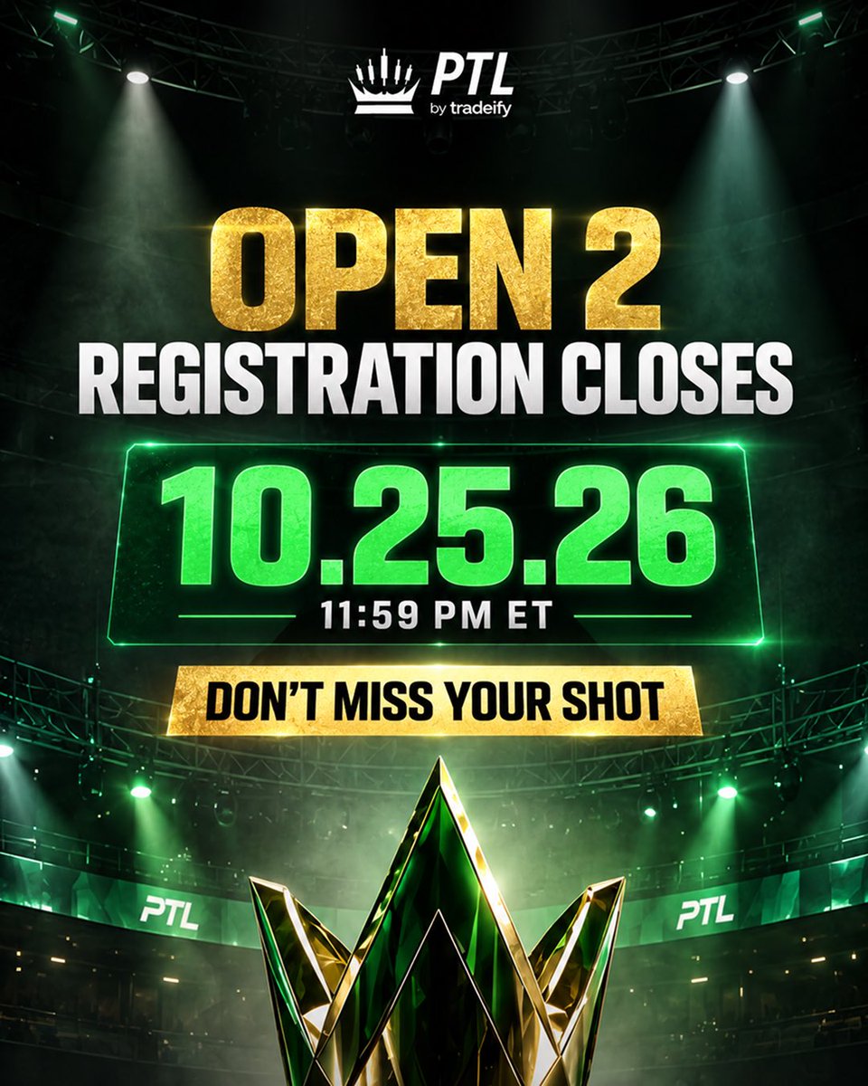 Tradeify's tweet photo. Don’t miss your shot 🏆 PTL registration closes tonight! 

Note: You must complete your KYC to be eligible to compete. https://t.co/pEkjMQLdiU