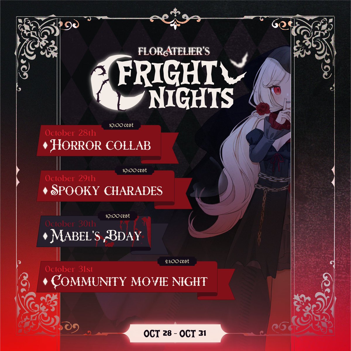 floratelier_'s tweet photo. 🥀‿̩͙⊱༒︎༻ florAtelier's Fright Nights༺༒︎⊰‿̩͙🥀

Are you ready to scream and howl with laughter?!

Join us from October 28th - 31st for four days of frightfully fun florAtelier Halloween events!

⋆⁺₊⋆ ━━━━⊱༒︎ 
More info coming soon! https://t.co/AH9hOrXi9j
