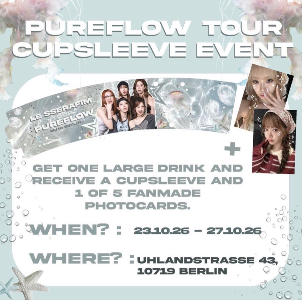 Sabii127's tweet photo. Starting today!! A cupsleeve event for the le sserafim concert in berlin!
#lesserafiminberlin #pureflowinberlin #lesserafimconcert #LE_SSERAFIM https://t.co/RdOQpmHISz