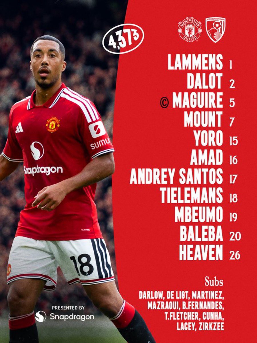 JacobsBen's tweet photo. Confirmation Bruno Fernandes has been dropped for Bournemouth. Lisandro Martinez also on the bench.🔴 https://t.co/t7R6k7SBaJ