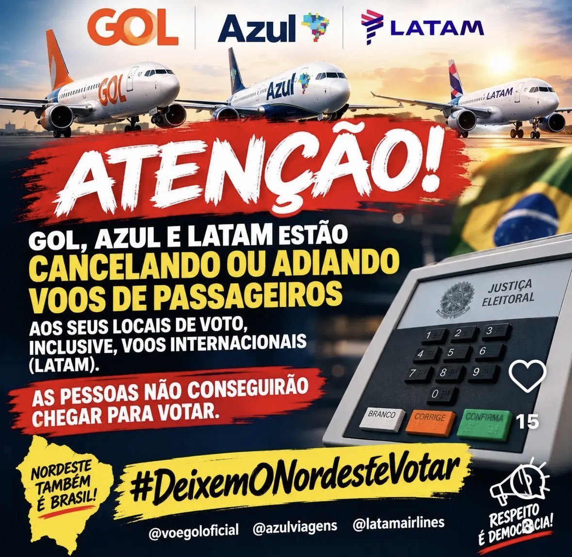 voliveiraz's tweet photo. @umanoemeio COBREM AS COMPANHIAS AÉREAS 
@VoeGOLoficial  @azulinhasaereas  @LATAM_BRA 

#VoosCanceladosParaONordeste 
#VoosCanceladosGol 
#DeixemONordesteVotar 
#DeixemOsIndigenasVotarem
#VoosCanceladosAzul
#VoosCanceladosLatam https://t.co/0WgfPmZrzP