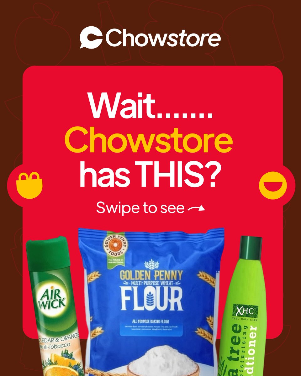 chowdeck's tweet photo. There’s more on Chowstore than you think! 👀

Toiletries, snacks, drinks, household basics.

The everyday items you keep running out of are all on Chowstore, delivered to your door for FREE with code 5FOR5.

Order now! 🛒 https://t.co/c8u1Foeibu
