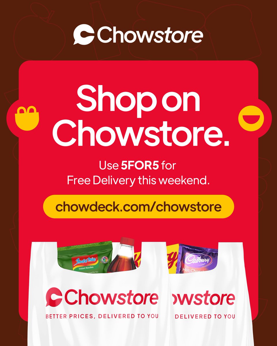 chowdeck's tweet photo. There’s more on Chowstore than you think! 👀

Toiletries, snacks, drinks, household basics.

The everyday items you keep running out of are all on Chowstore, delivered to your door for FREE with code 5FOR5.

Order now! 🛒 https://t.co/c8u1Foeibu