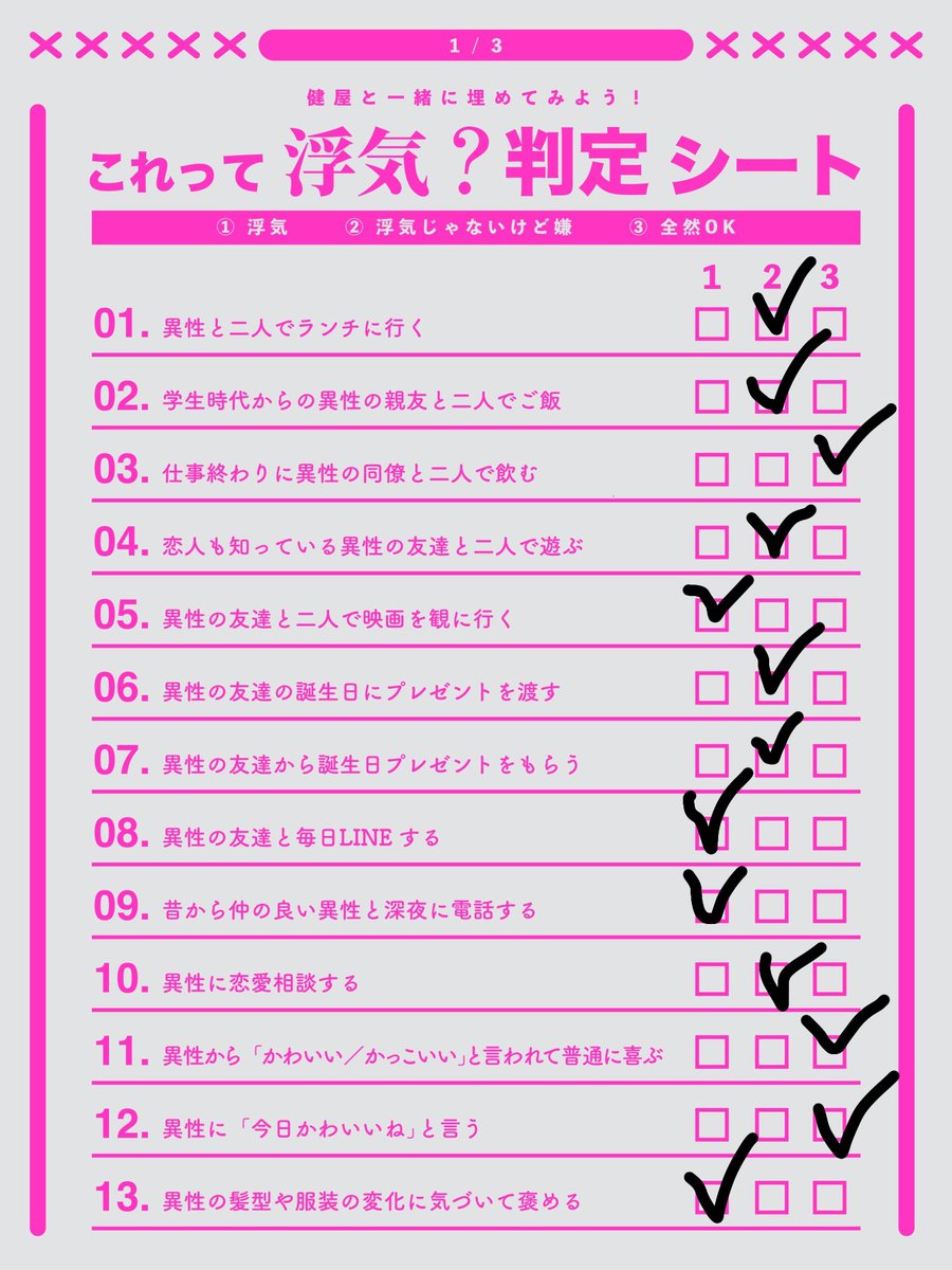 Nagi1016_sub's tweet photo. 浮気判断シートやってみました♪
私は重めなのか、？でも、浮気かって時と場合とかによる気がするな
いつか、ぐぐちゃんがやってくれることを望んでます。(配信しなくてもいいから) https://t.co/3KjR7VmglE