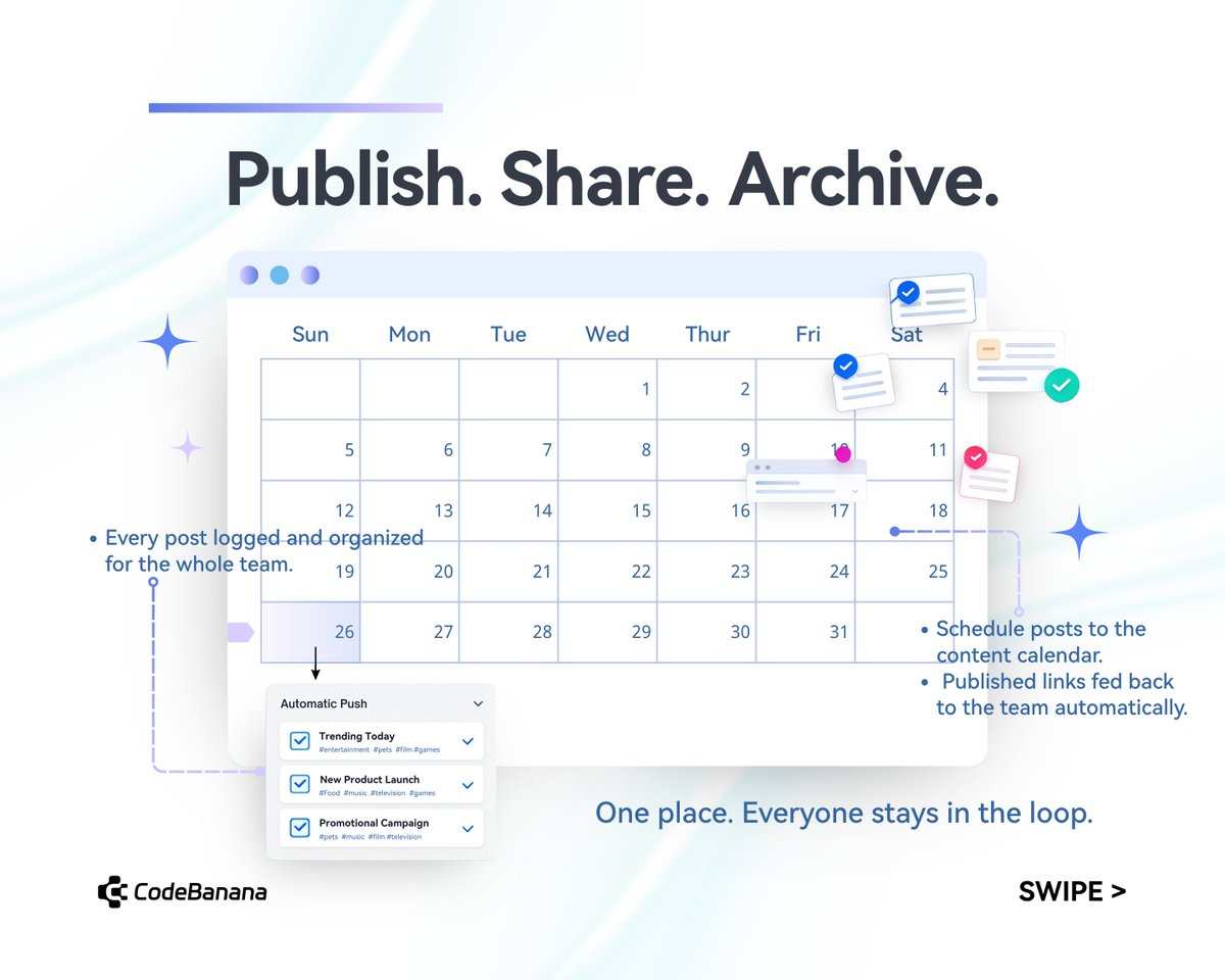 CodewithMobvoi's tweet photo. Once a post goes live, the link routes back to the whole team.

Every post logged. Scheduled to the calendar. Everyone in the loop.

Research. Writing. Publishing. One place.
Try CodeBanana: https://t.co/8ecPolwaeq

#codebanana #socialstudio #aiagents #contentops #a2a #teamai https://t.co/4gu4ah1C9S