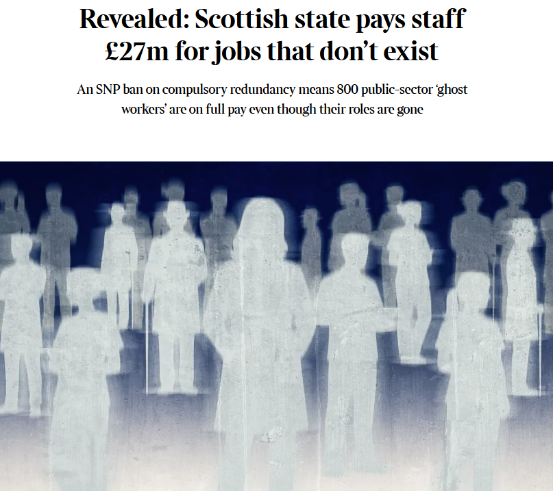 CutMyTaxUK's tweet photo. There are at least 800 cases of public sector workers in Scotland who no longer have a job but remain employed, costing taxpayers over £27m a year, probably a lot more.

The SNP is refusing to make them redundant because it has a policy against compulsory redundancy.

One NHS Highland worker has been receiving their full salary and benefits for 17 years despite not having a specific job any more.  Another 26 NHS Highland workers haven't had a permanent role for over 5 years. Other bodies carrying on paying staff despite them not having a job include  Police Scotland, Scottish Water and the Scottish Civil Service, a Sunday Times investigation revealed.

The situation is absurd but the SNP government doesn't seem to be bothered.