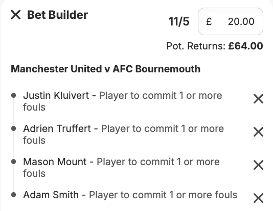 TheFoulsLab's tweet photo. 👹 UPDATED 17/2 &amp; 11/5 MAN UTD VS BOURNEMOUTH BUILDERS 🍒

🙌 Bet £5, Get £30 in Free Bets Here: https://t.co/cNfF2pCjPK

🤝 I'm also playing 2 units on Truffert &amp; Kluivert

#Ad | New Customer Offer | 18+ | T&amp;C's Apply | https://t.co/5SWbPLUfcv https://t.co/O8yV3CGVBc