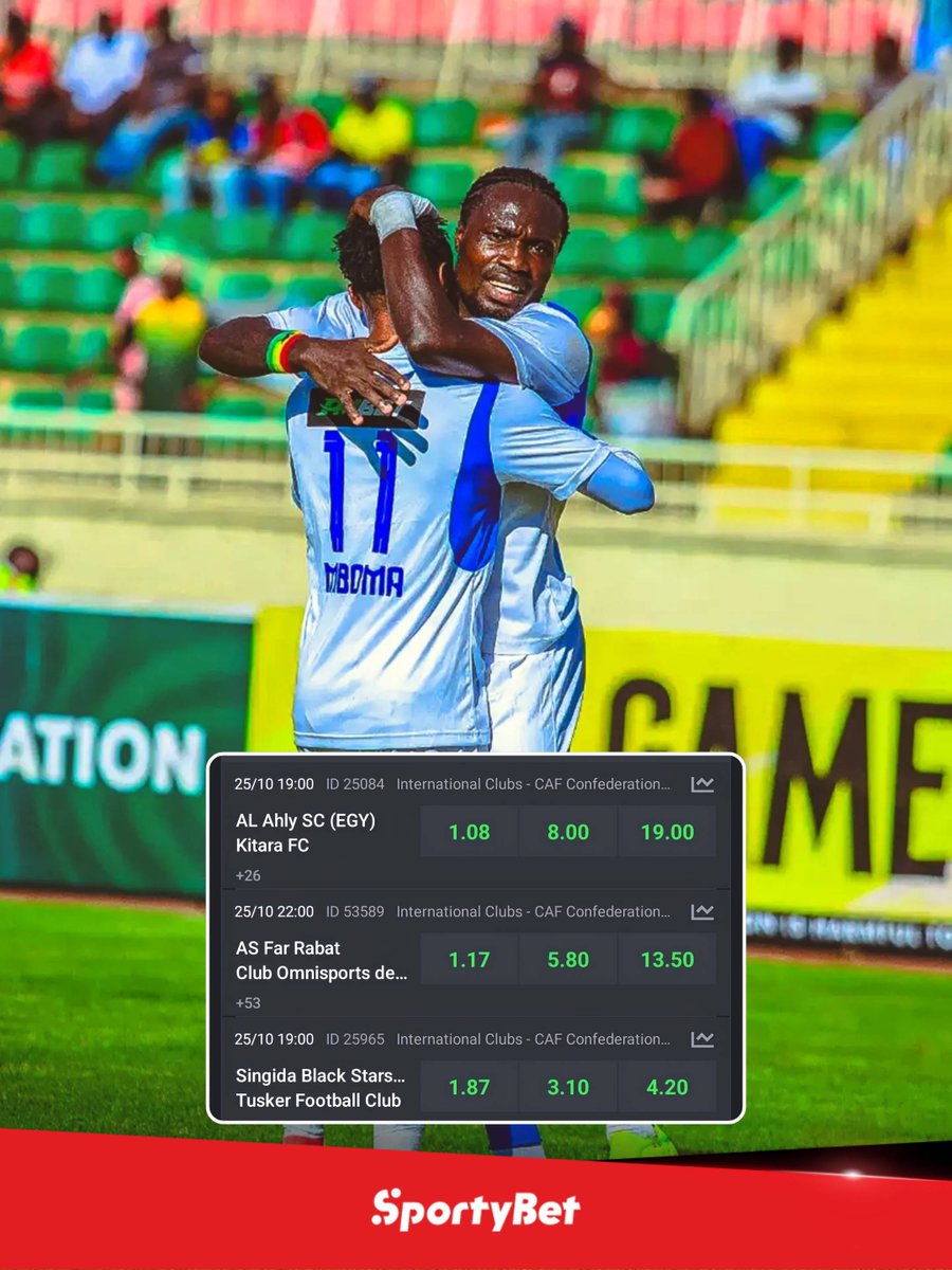 sportybettz's tweet photo. Al Ahly SC, AS FAR Rabat, na Singida Black Stars wapo mzigoni leo kutafuta kufuzu hatua ya makundi ya CAF Confederation Cup. Je, wakubwa hawa watafuzu au watatolewa kama Mamelodi?๐ค
Tumia link hii ๐๐พ
https://t.co/1SHL7cCs5P
#cafcc #cafconfederationcup #alahly #singidabs #africanfootball