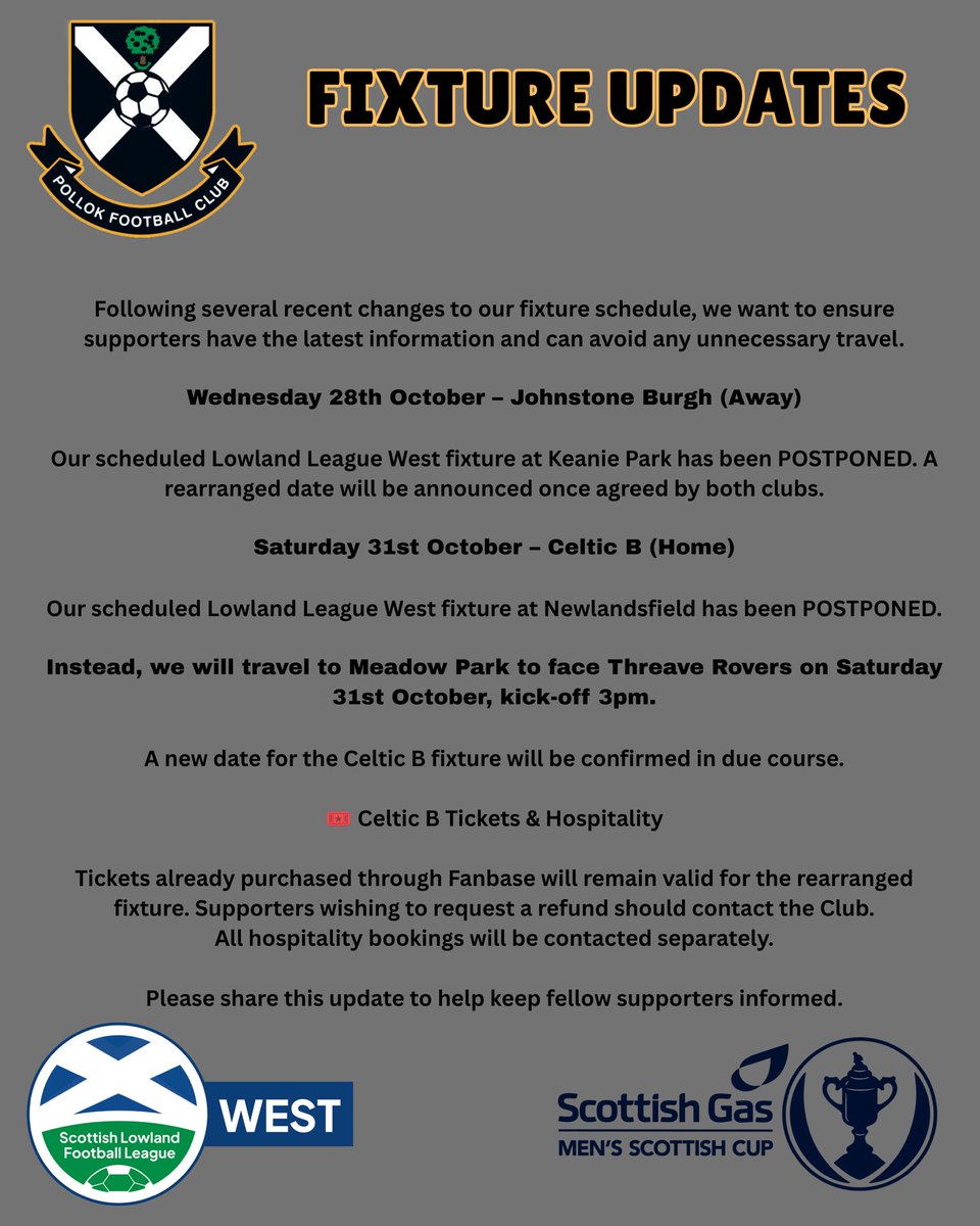pollokfc's tweet photo. | ๐จ CONFIRMATION OF FIXTURE CHANGES! ๐จ
Take a few minutes to read over our confirmed fixture changes over the coming week.
#MTLN https://t.co/olEu7qRYhY