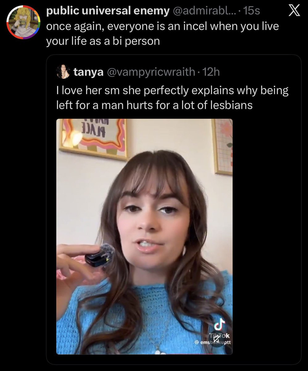 vampyricwraith's tweet photo. Video: "society tells lesbians that they're less valuable than men and that can cause a different type of pain for some of them"

Y'all: "lol lesbians are incels" https://t.co/eN6Iib3et9