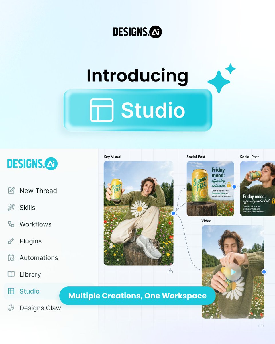 DesignsdotAI's tweet photo. Meet Studio on https://t.co/0Gxk2UbiWU. ✨

🎨 Connect image, video &amp; audio workflows.
🔗 Build on previous outputs.
🤖 Plan with Studio Assistant.
🎬 Create with top AI video models.

One canvas. A more connected creative workflow.
Explore Studio today! https://t.co/Kri0p2l6TH https://t.co/EKm6CngjvL