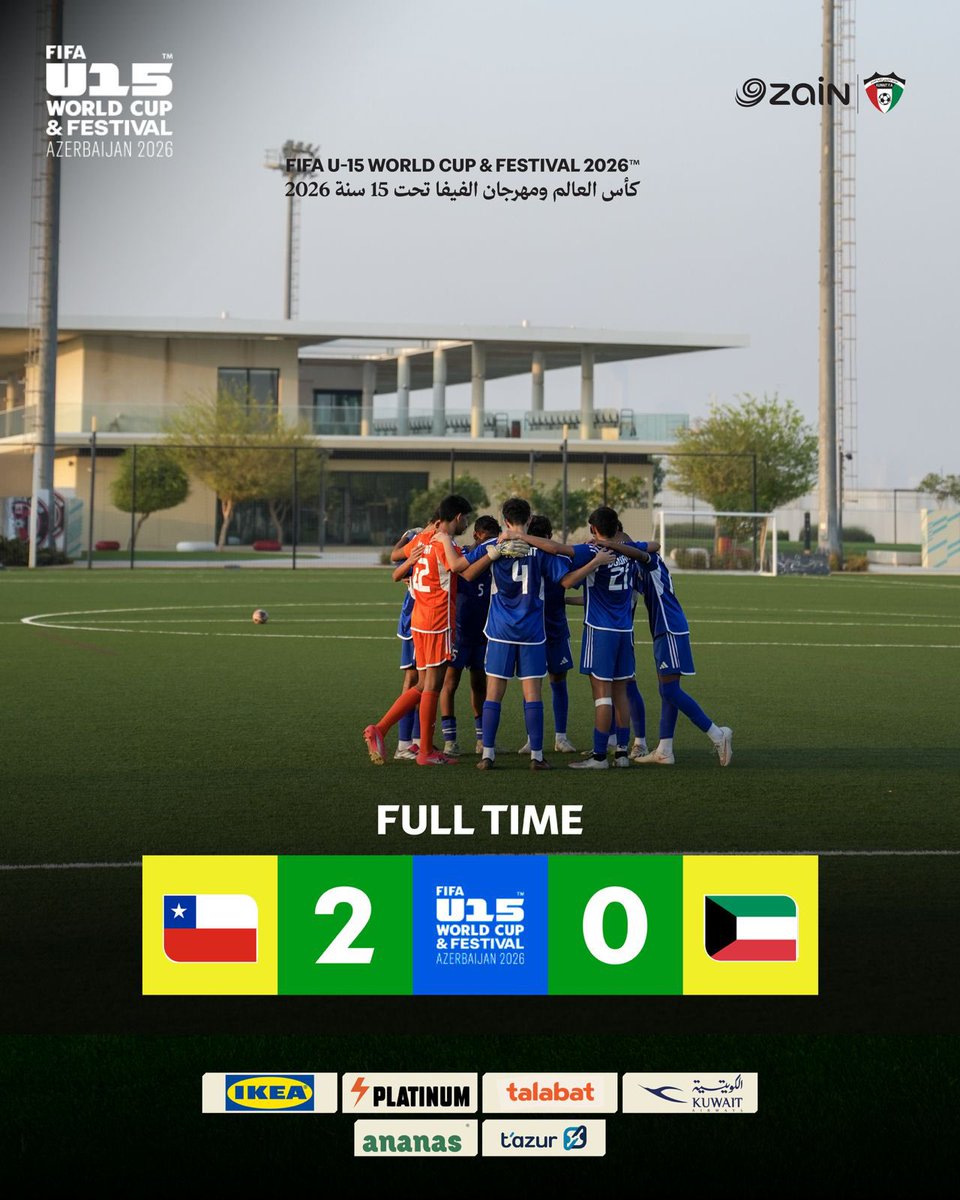 KuwaitFA_NT's tweet photo. نــهــايــة المـبـاراة:

منتخب الكويت تحت 15 سنة 0
منتخب تشيلي تحت 15 سنة 2
كأس العالم ومهرجان الفيفا تحت 15 سنة، أذربيجان 2026

#منتخب_الكويت
 #U15
#الأزرق_يجمعنا https://t.co/UMXkyqMQwt