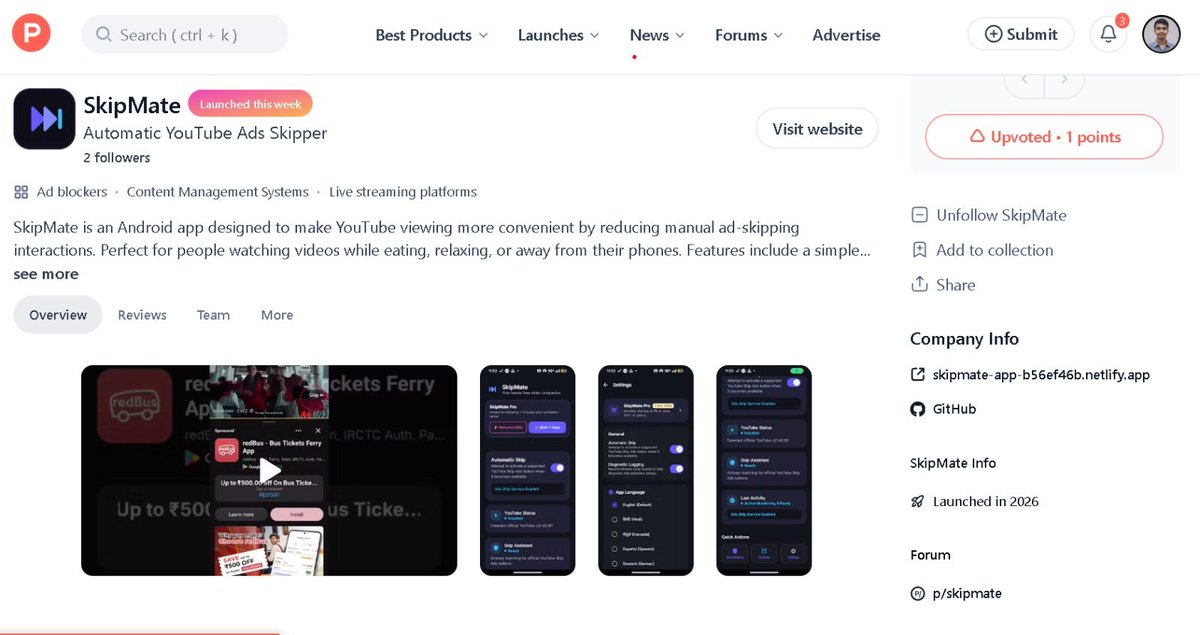 SkipMate_ai's tweet photo. 🚀 SkipMate is LIVE on Product Hunt! 🎉 Built to make YouTube ad-skipping easier. Check it out! 🔥👇
https://t.co/dSczfVtZGc

#ProductHunt #BuildInPublic https://t.co/j8xxnZpN4F