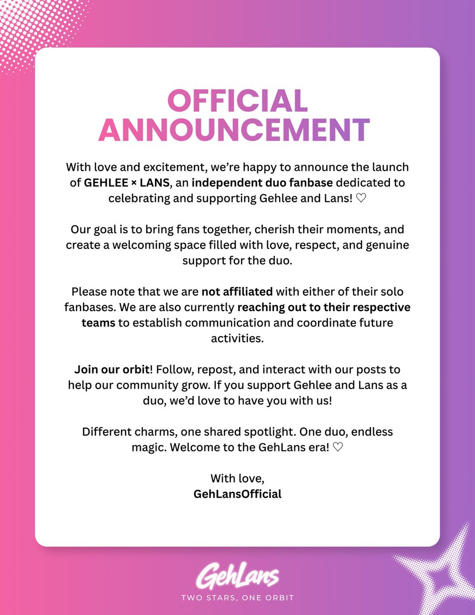 GehLansOFC's tweet photo. ✦ TWO STARS, ONE ORBIT. ✦

Different charms, one shared spotlight. Introducing GEHLEE × LANS — a duo ready to create their own little universe. 🌙✨

One duo, endless magic. Welcome to the GehLans era! ♡

#GehleeXLans #GEHLANS #GehLans https://t.co/3ssuAgrGq4