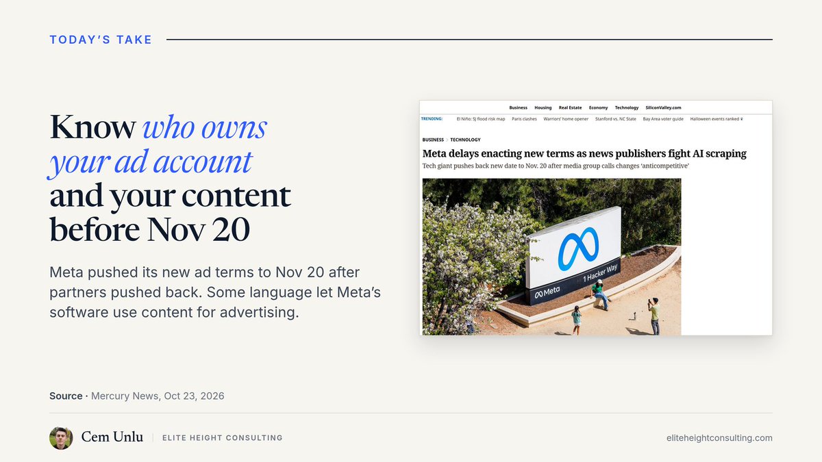 cemunluofficial's tweet photo. Meta pushed its new ad terms from Oct 30 to Nov 20 after partners pushed back (Mercury News, Oct 23). Some of the language let Meta's software use content for advertising. Know who owns your ad account and your content before Nov 20. Who has access to yours? https://t.co/lGYLQfg7pp