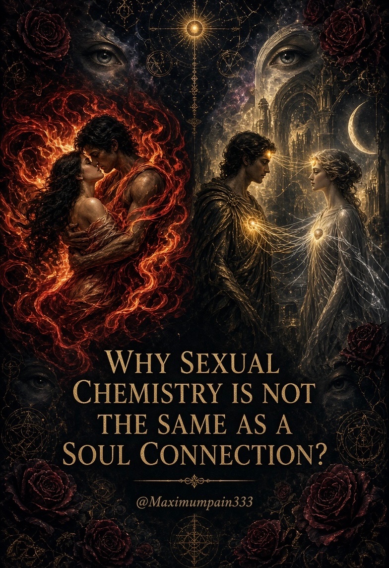 maximumpain333's tweet photo. WHY SEXUAL CHEMISTRY IS NOT THE SAME AS A SOUL CONNECTION?

Sexual chemistry is the body’s language. It is the sudden heat, the magnetic pull, the way your nervous system lights up in another person’s presence. It is real, sacred in its own right, and often necessary. It is also temporary. 

Chemistry is largely hormonal, instinctual, and rooted in the animal body. It can be ignited by scent, proximity, novelty, trauma bonding, or simply the right chemical cocktail at the right moment. It does not require you to be seen. It does not require you to grow. It can exist between two people who are fundamentally incompatible, who would destroy each other if they stayed.

A soul connection moves differently.

It is quieter at first, then impossible to ignore. It is the recognition that feels older than this lifetime. You do not just want their body; something in you remembers their essence. 

There is a sense of returning, of unfinished conversations, of being met in places you have never shown anyone. With a soul connection, the chemistry may still be present (often intensely), but it is no longer the foundation. The foundation is resonance. The feeling that your inner world is being witnessed, not just your outer form. Time behaves strangely. 

Silence is comfortable. Your growth is not threatened by their presence; it is accelerated by it.
Sexual chemistry can exist without love, without trust, without truth.

A soul connection cannot.

Chemistry asks: Do I want you right now?
Soul connection asks: Can I be real with you, and will we both become more ourselves because of it?

One can be a beautiful chapter.
The other is often a turning point in the story of your soul.

Do not confuse the fire of the body with the recognition of the soul. Both have their place. Only one rearranges you.