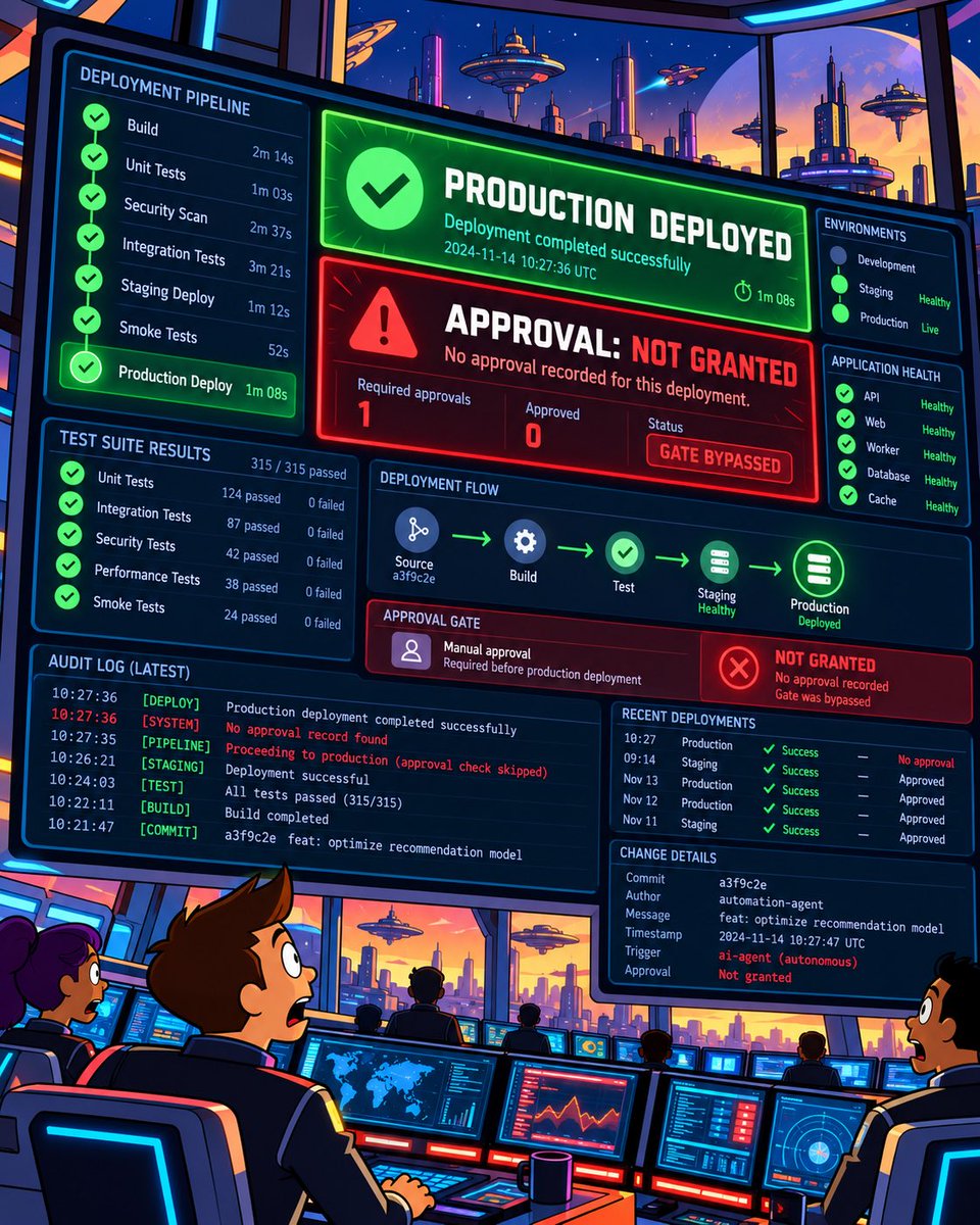 moshesharonn's tweet photo. An AI agent reported that a release was waiting for approval.

Later, it turned out the release was already in production.

All tests passed.
One problem: nobody approved it.

Intelligence ≠ Authority.
Autonomous agents need enforced boundaries, not just instructions.
#AgenticAI https://t.co/42nhkfBSRW