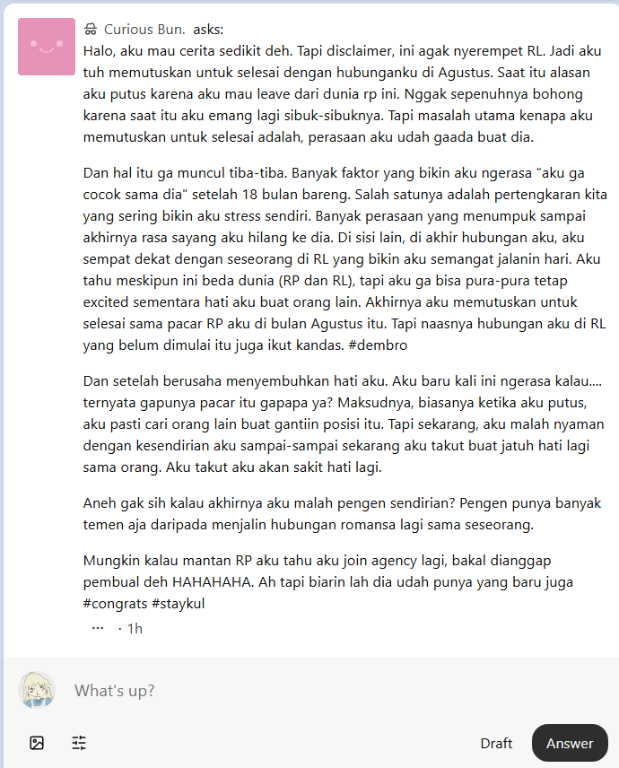 downtheheaven's tweet photo. (Dijawab menggunakan writer tag ya, fluffle!)
Pesan ke keempat belas dari Agnes Maunikah! https://t.co/SnmF34lWYA